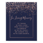 Rose gold confetti navy blue wedding memorial sign