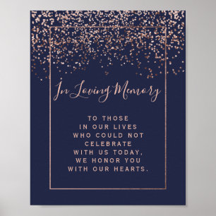 Rose gold confetti navy blue wedding memorial sign