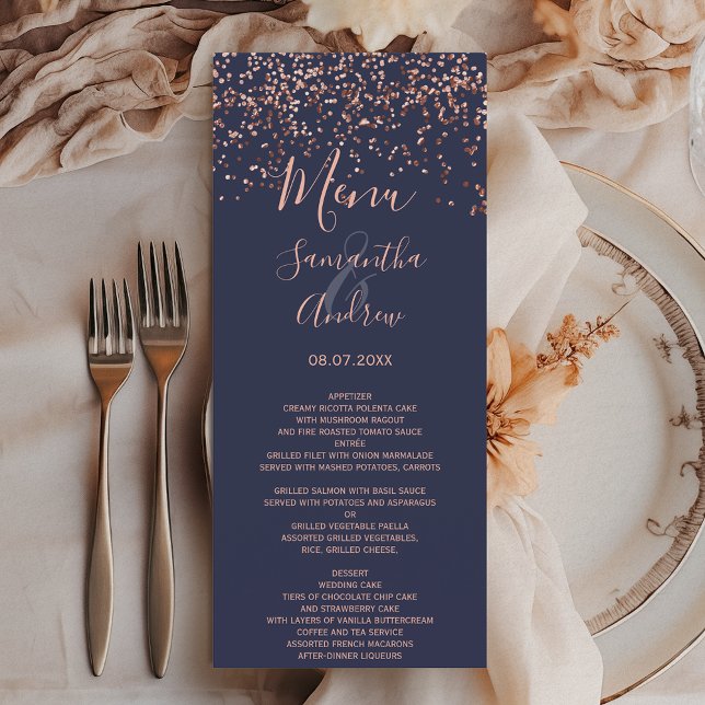 Rose gold confetti navy blue wedding menu (Rose gold confetti navy blue wedding menu)