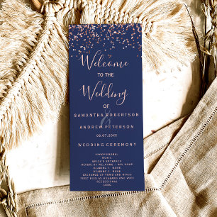 Rose gold confetti navy blue wedding program programme