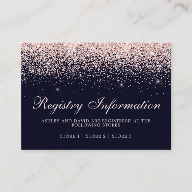Rose Gold Confetti Navy Blue Wedding Registry Enclosure Card (Front)