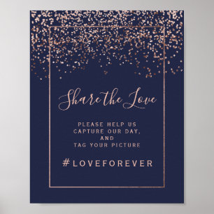 Rose gold confetti navy blue wedding sign