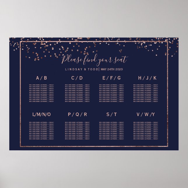 Rose gold confetti navy blue wedding table seating poster (Front)