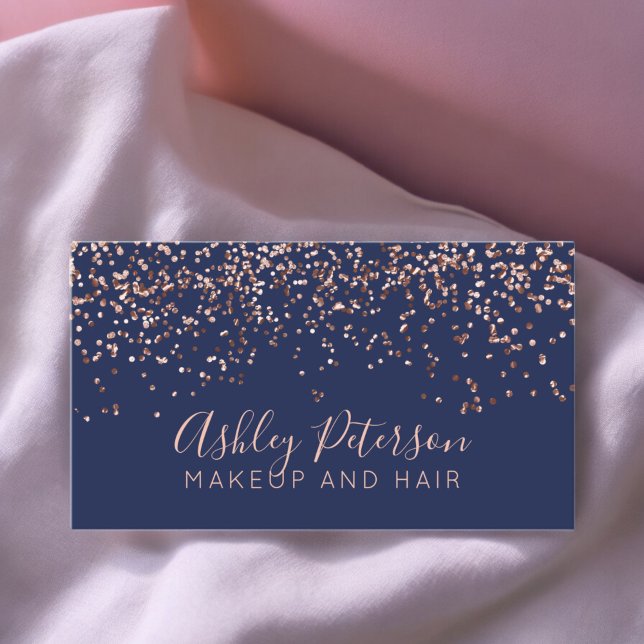 Rose gold confetti navy hair makeup typography business card (Rose gold confetti navy hair makeup typography business card)