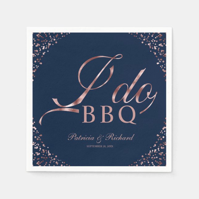 Rose Gold Confetti Navy I Do BBQ Engagement Party Napkin (Front)