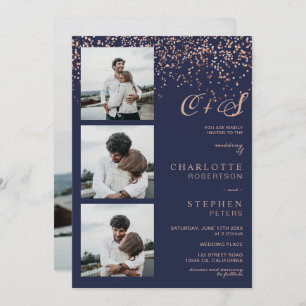 Rose gold confetti navy initials photos wedding invitation