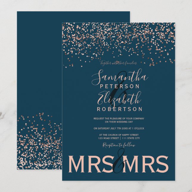 Rose gold confetti navy lesbian wedding invitation (Front/Back)