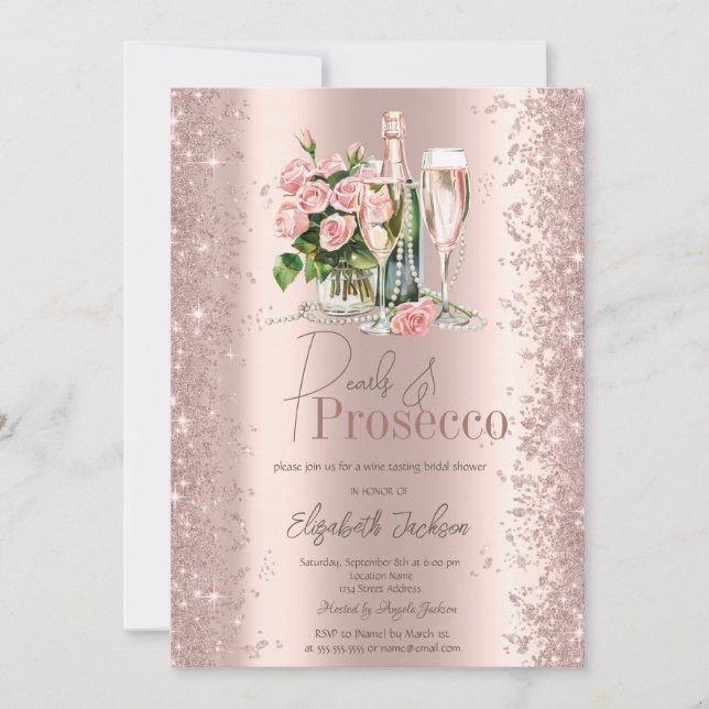 Rose Gold Confetti Pearls Prosecco Bridal Shower  Invitation (Front)