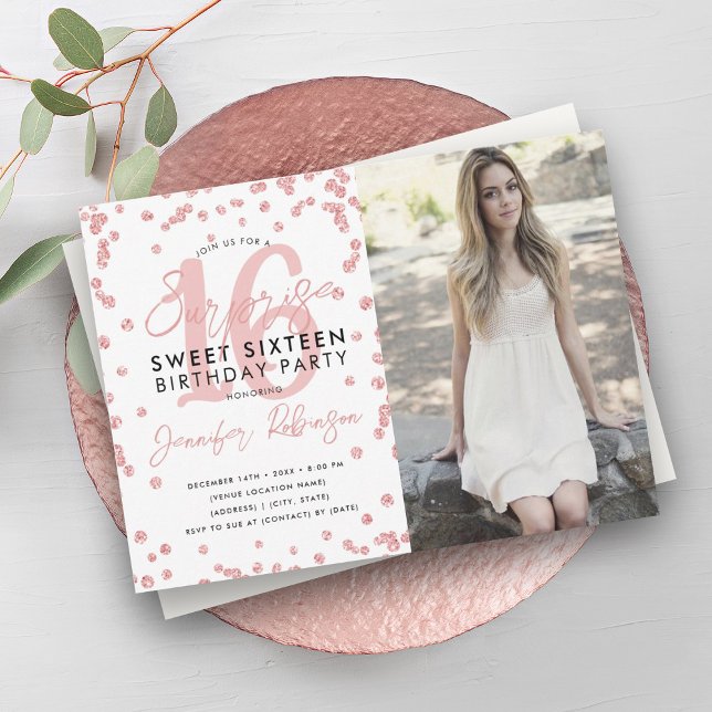 Rose Gold Confetti Photo Surprise Sweet 16  Invitation (Rose Gold Confetti Photo Surprise Sweet 16 Invitation)