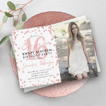 Rose Gold Confetti Photo Surprise Sweet 16  Invitation<br><div class="desc">Elegant Sweet Sixteen Surprise Birthday Party invitation template Rose Gold Glitter Confetti,  custom Photo & modern typography script.</div>