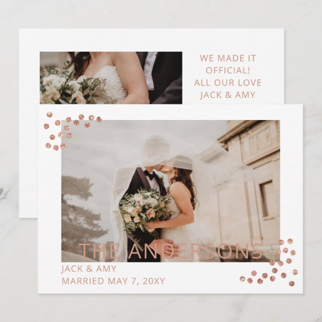Rose Gold Confetti Photo Wedding Announcement (Front/Back)