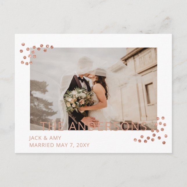 Rose Gold Confetti Photo Wedding Announcement Postcard (Front)