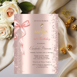 Rose Gold Confetti Pink Bow Baptism and Birthday Invitation