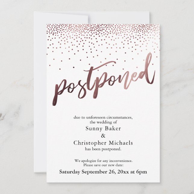 Rose Gold Confetti Postponed Wedding Update Card (Front)