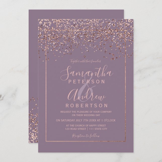 Rose gold confetti purple typography wedding invitation (Front/Back)