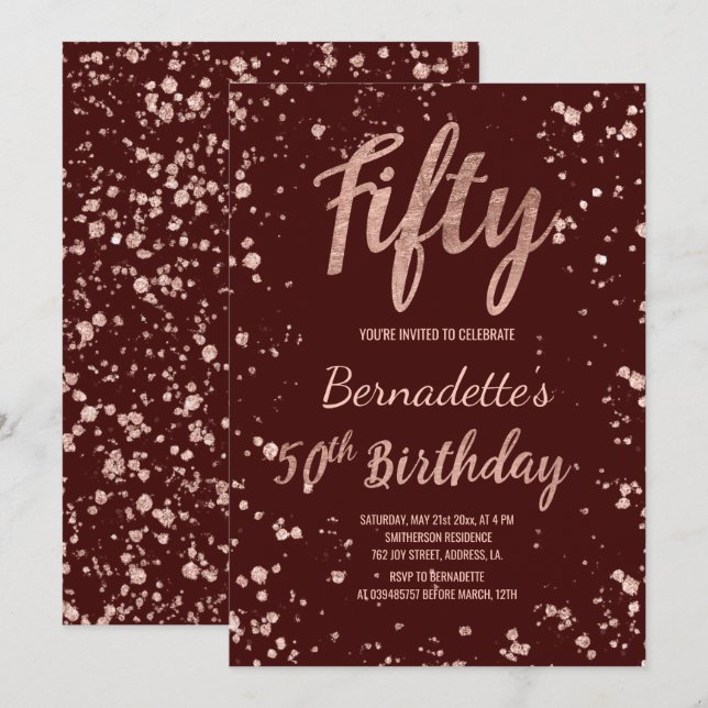 Rose gold confetti red burgundy 50th Birthday Invitation (Front/Back)