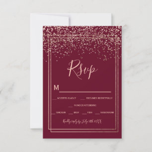 Rose gold confetti red burgundy border rsvp card