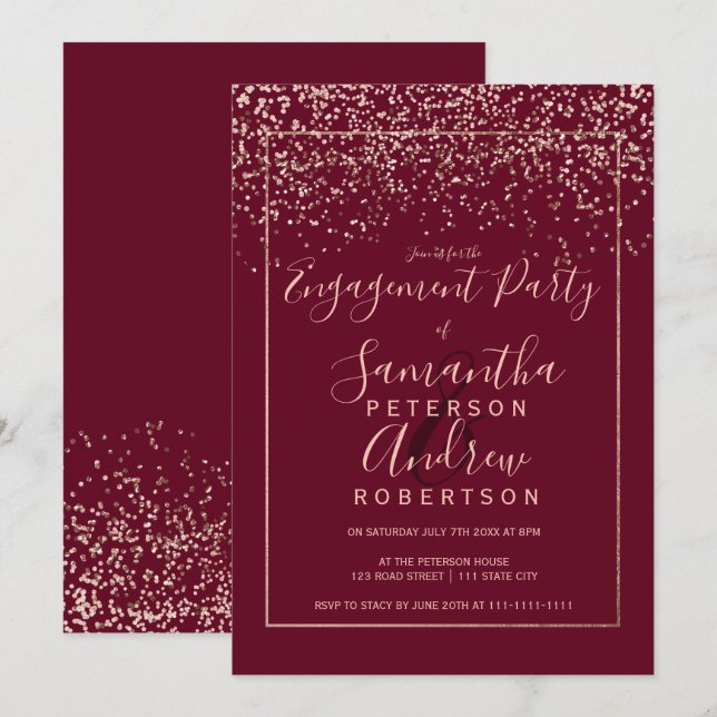 Rose gold confetti red burgundy script engagement invitation (Front/Back)