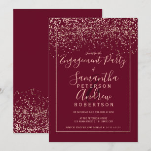 Rose gold confetti red burgundy script engagement invitation