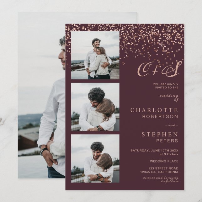 Rose gold confetti red initials photos wedding invitation (Front/Back)