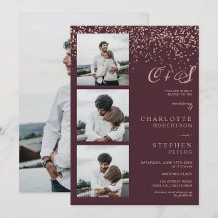 Rose gold confetti red initials photos wedding invitation