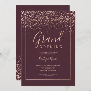 Rose gold confetti red typography grand opening invitation
