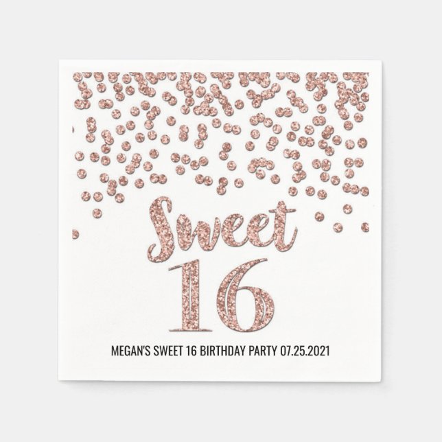 Rose Gold Confetti Sweet 16 Birthday Napkin (Front)