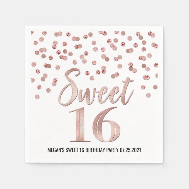 Rose Gold Confetti Sweet 16 Birthday Napkin (Front)