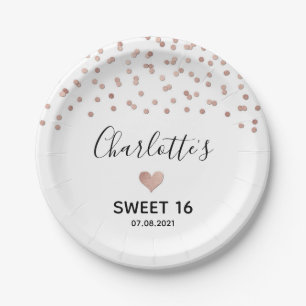 Rose Gold Confetti Sweet 16 Birthday Party Paper Plate