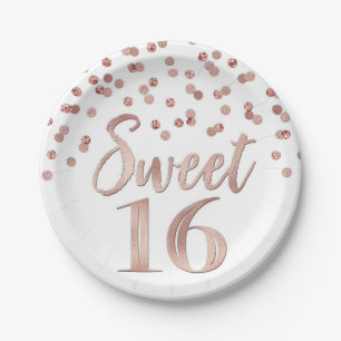 Rose Gold Confetti Sweet 16 Birthday Party Paper Plate