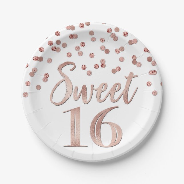 Rose Gold Confetti Sweet 16 Birthday Party Paper Plate (Front)