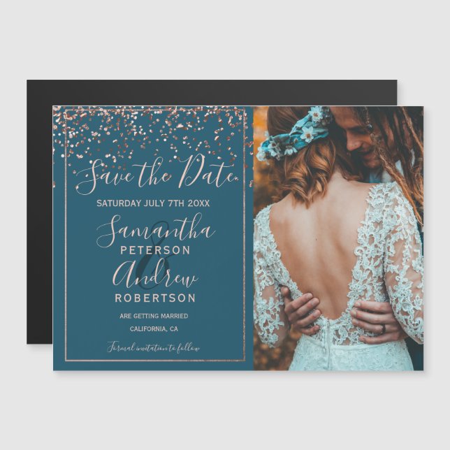 Rose gold confetti teal save the date photo (Front/Back)