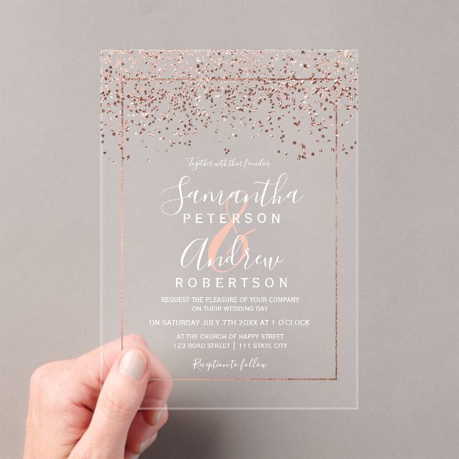 Rose gold confetti typography clear wedding acrylic invitations (Insitu (Handheld))
