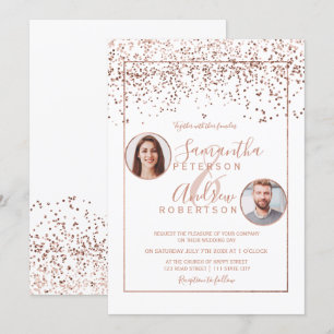 Rose gold confetti white circle photo wedding invitation