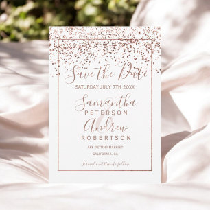 Rose gold confetti white save the date wedding