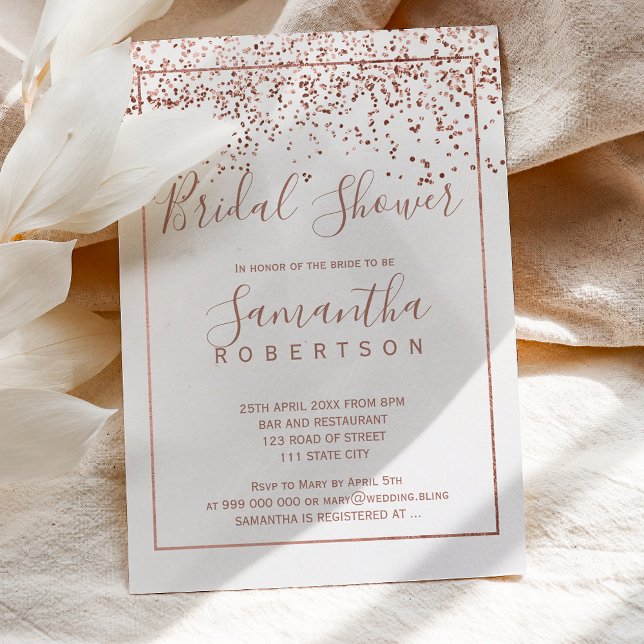 Rose gold confetti white script bridal shower invitation (Creator Uploaded)