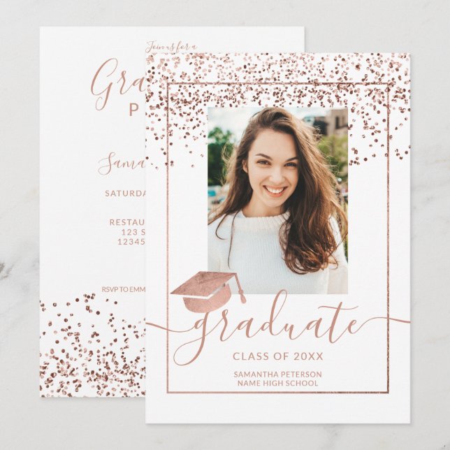 Rose gold confetti white typography graduation invitation (Front/Back)