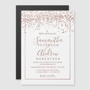 Rose gold confetti white typography wedding magnetic invitation