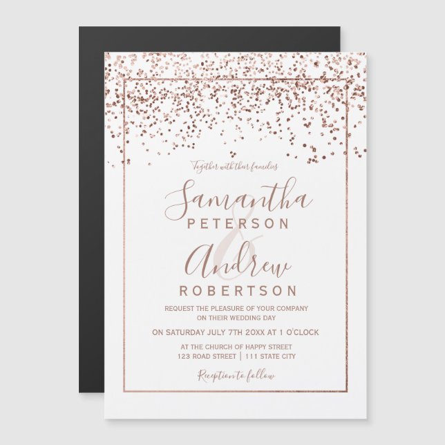 Rose gold confetti white typography wedding magnetic invitation (Front/Back)