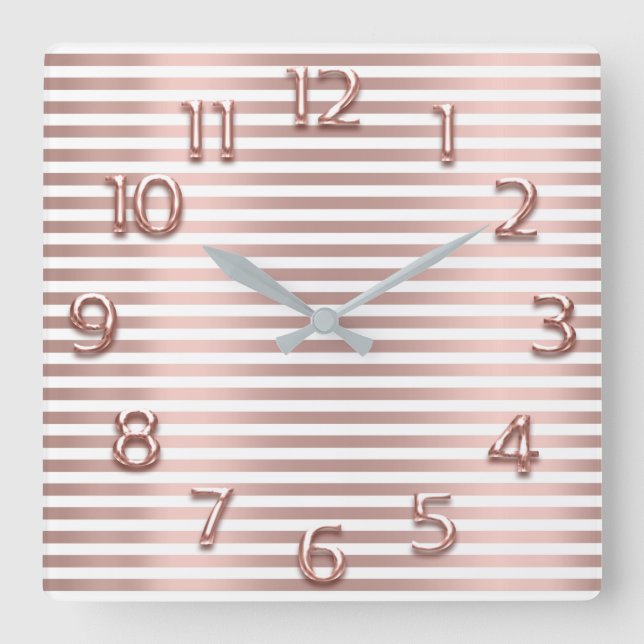 Rose Gold Copper Arabic Numbers White Stripes Square Wall Clock (Front)