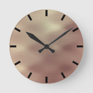 Rose Gold Copper Minimal Metallic Stripes Black Round Clock