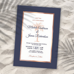 Rose Gold Copper Navy Blue Palm Tree Beach Wedding Invitation