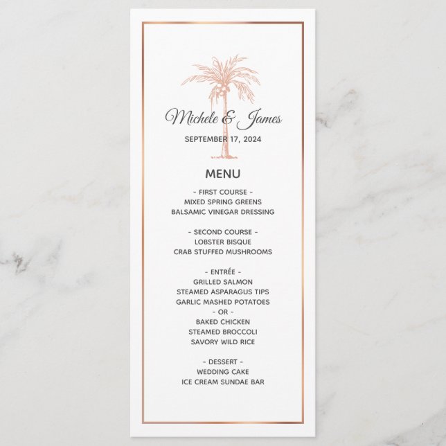 Rose Gold Copper Palm Tree White Marble Wedding Menu (Front)