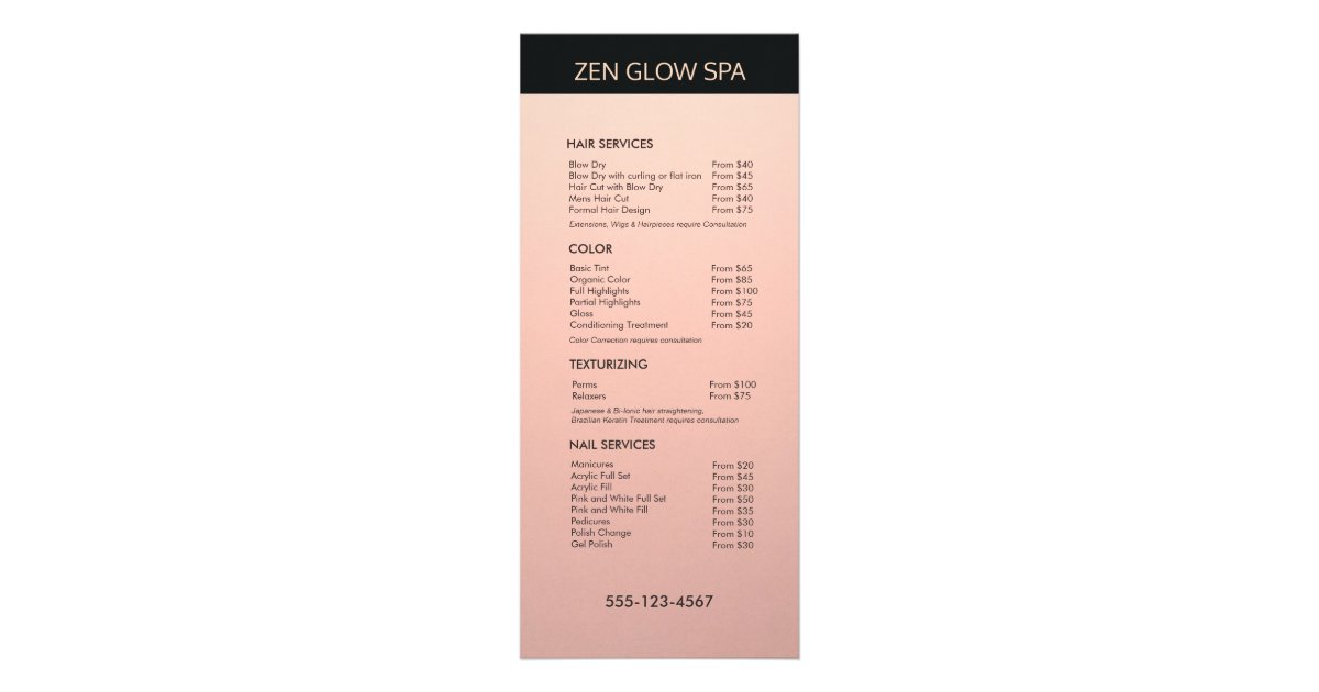 Rose Gold Copper Salon Price List Service Menu Zazzle Co Uk