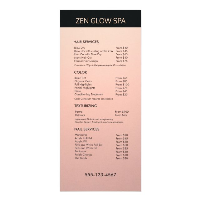 Rose Gold Copper Salon Price List Service Menu (Front)