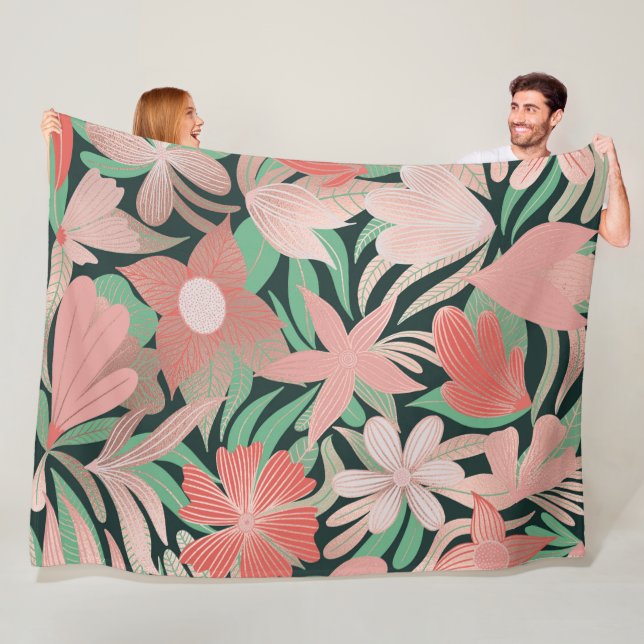 Rose Gold Coral Green Floral Leaves Illustrations Fleece Blanket (In Situ)