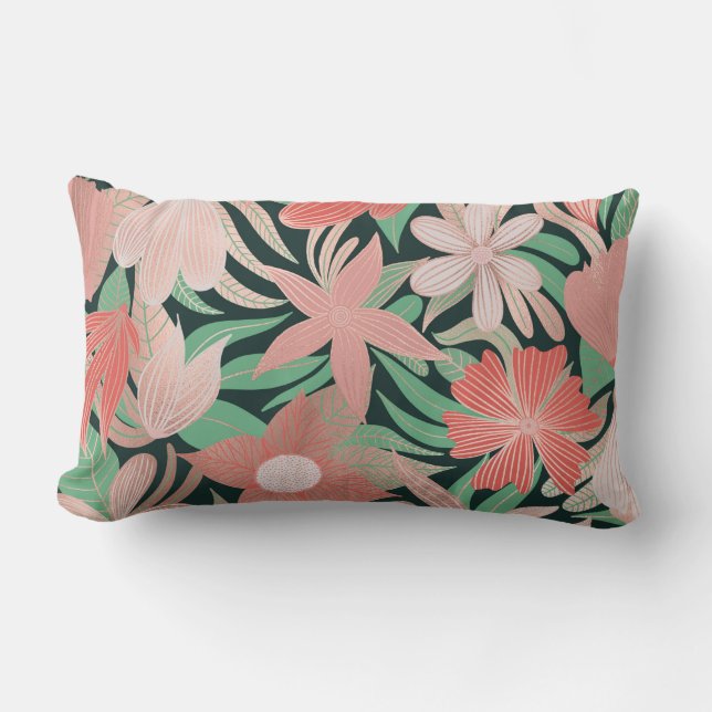 Rose Gold Coral Green Floral Leaves Illustrations Lumbar Cushion (Front)