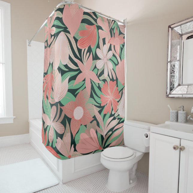 Rose Gold Coral Green Floral Leaves Illustrations Shower Curtain (In Situ)