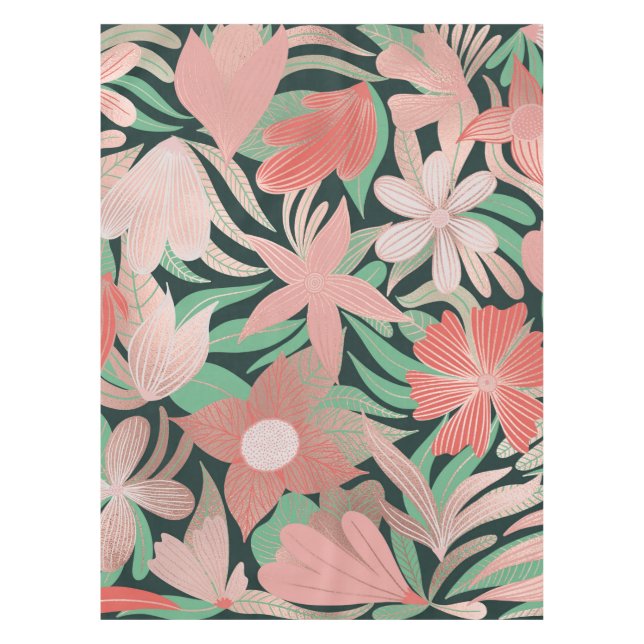 Rose Gold Coral Green Floral Leaves Illustrations Tablecloth (Front)