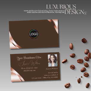 Rose Gold Corners Coffee Brown with Logo and Photo Business Card